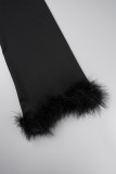 Black Sexy Solid Patchwork Feathers V Neck Pencil Skirt Dresses