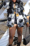 Grey Casual Floral Patchwork Buckle Turndown Collar Outerwear
