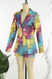 Multicolor Work Party Elegant Print Printing Turndown Collar Long Sleeve Two Pieces