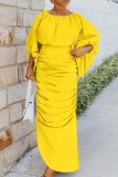 Yellow Street Solid Patchwork Fold O Neck Long Dress Dresses