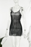 Black Sexy Patchwork Hot Drilling See-through Backless Spaghetti Strap Sleeveless Dress Dresses