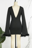 Black Sexy Solid Patchwork Feathers V Neck Pencil Skirt Dresses