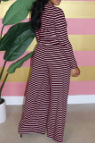 Coffee Casual Striped Patchwork O Neck Long Sleeve Two Pieces