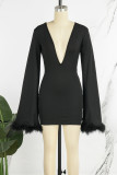 Black Sexy Solid Patchwork Feathers V Neck Pencil Skirt Dresses