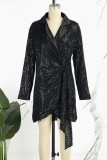 Blue Casual Patchwork Sequins Frenulum V Neck Long Sleeve Dresses