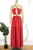 Red Sexy Daily Elegant Vacation Patchwork Solid Color Halter Dresses