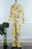 Yellow Sexy Print Bandage Patchwork Buttons Turndown Collar Long Sleeve Two Pieces