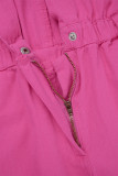 Rose Red Sexy Solid Ripped Patchwork Buckle Turndown Collar Regular Rompers