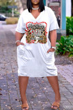 White Khaki Casual Print Basic V Neck Short Sleeve Dress