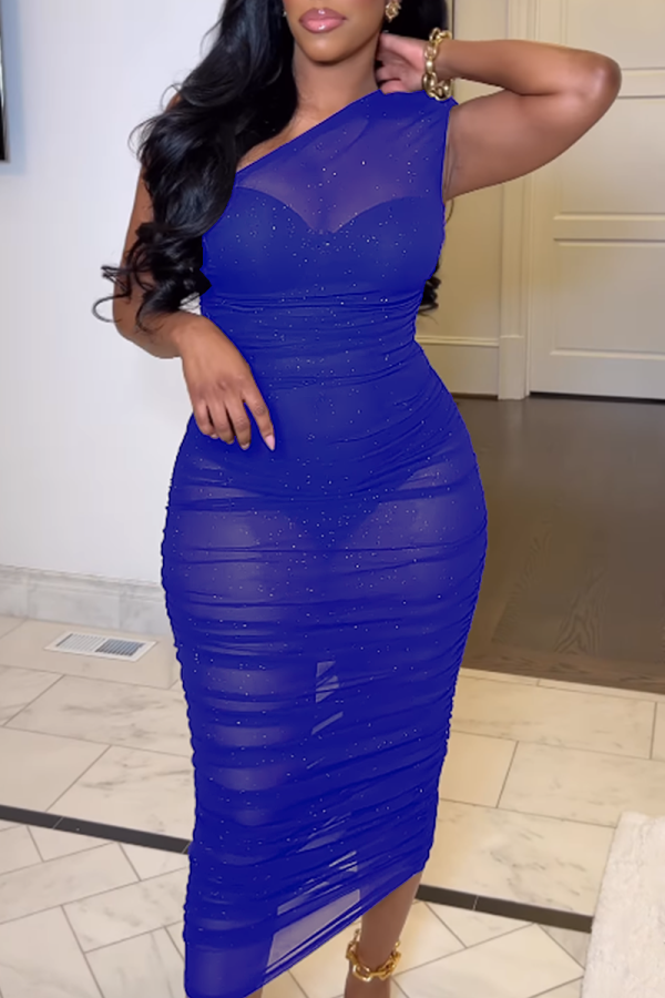 Blue Sexy Daily Elegant Simplicity See-through One Shoulder Asymmetrical Dresses