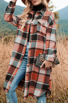 Tangerine Red Casual Plaid Patchwork Pocket Buckle Turndown Collar Outerwear
