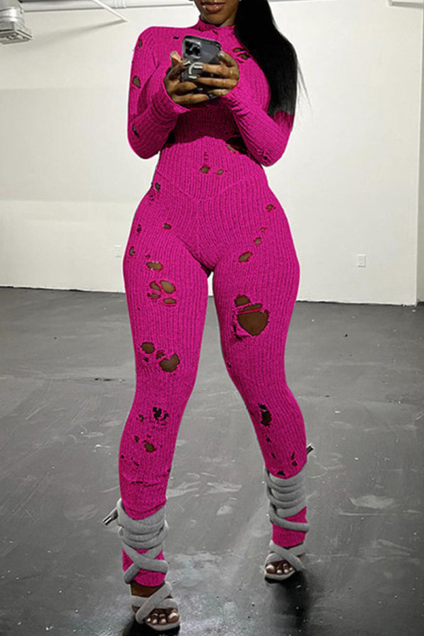 Rose Red Casual Solid Ripped Frenulum Turtleneck Skinny Jumpsuits