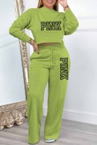 Green Casual Elegant Print Letter O Neck Long Sleeve Two Pieces