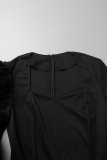 Black Elegant Solid Patchwork Stringy Selvedge Asymmetrical Collar Long Dress Dresses