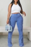 Blue Casual Solid Tassel Patchwork Skinny High Waist Conventional Solid Color Trousers