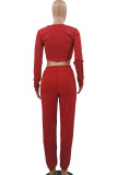 Red Casual Solid Patchwork O Neck Long Sleeve Two Pieces