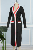 Black Elegant Color Block Bandage Patchwork Pocket V Neck Outerwear