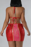 Red Sexy Print Hollowed Out Patchwork Spaghetti Strap Wrapped Skirt Dresses