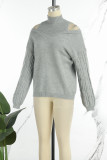 Ink Green Casual Solid Hollowed Out Patchwork Turtleneck Tops