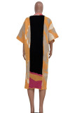 Yellow Casual Color Block Patchwork Slit Cardigan Collar Outerwear