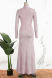 Pink Casual Solid Basic Turtleneck Long Dress Dresses