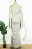 Silver Casual Solid Hollowed Out Frenulum V Neck Long Dress Dresses