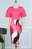 Rose Red Sexy Print Patchwork O Neck Pencil Skirt Dresses