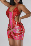 Red Sexy Print Hollowed Out Patchwork Spaghetti Strap Wrapped Skirt Dresses