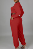 Red Casual Solid Patchwork O Neck Long Sleeve Two Pieces