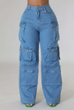 Deep Blue Street Solid Patchwork Pocket Buttons Zipper High Waist Straight Denim Jeans