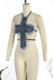 The cowboy blue Sexy Patchwork Bandage Backless Halter Tops