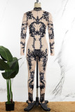 Pink Casual Print Basic Turtleneck Skinny Jumpsuits