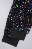 Multicolor Street Sequins Patchwork O Neck Long Sleeve Two Pieces