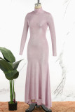 Pink Casual Solid Basic Turtleneck Long Dress Dresses