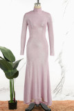 Pink Casual Solid Basic Turtleneck Long Dress Dresses