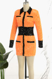 Orange Casual Patchwork Sequins Turndown Collar Long Sleeve Dresses