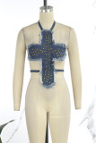 The cowboy blue Sexy Patchwork Bandage Backless Halter Tops