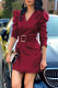 Burgundy Casual Solid With Belt V Neck Long Sleeve Dresses