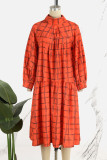 Orange Casual Plaid Patchwork Turtleneck Long Sleeve Dresses