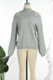 Khaki Casual Solid Hollowed Out Patchwork Turtleneck Tops