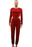 Red Casual Solid Patchwork O Neck Long Sleeve Two Pieces
