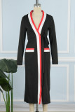 Black Elegant Color Block Bandage Patchwork Pocket V Neck Outerwear