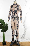 Pink Casual Print Basic Turtleneck Skinny Jumpsuits