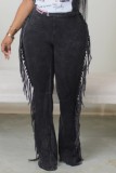 Blue Casual Solid Tassel Patchwork Skinny High Waist Conventional Solid Color Trousers