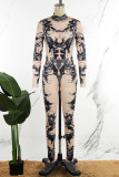 Pink Casual Print Basic Turtleneck Skinny Jumpsuits