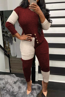 Burgundy Casual Patchwork Contrast O Neck Long Sleeve Two Pieces