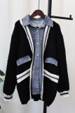 Black Casual Patchwork Buttons Contrast Turndown Collar Outerwear