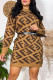 Brown Casual Street Letter Patchwork O Neck One Step Skirt Dresses(Without Belt)
