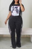 Blue Casual Solid Tassel Patchwork Skinny High Waist Conventional Solid Color Trousers