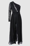 Black Sexy Solid Lace Patchwork Mesh One Shoulder Regular Jumpsuits